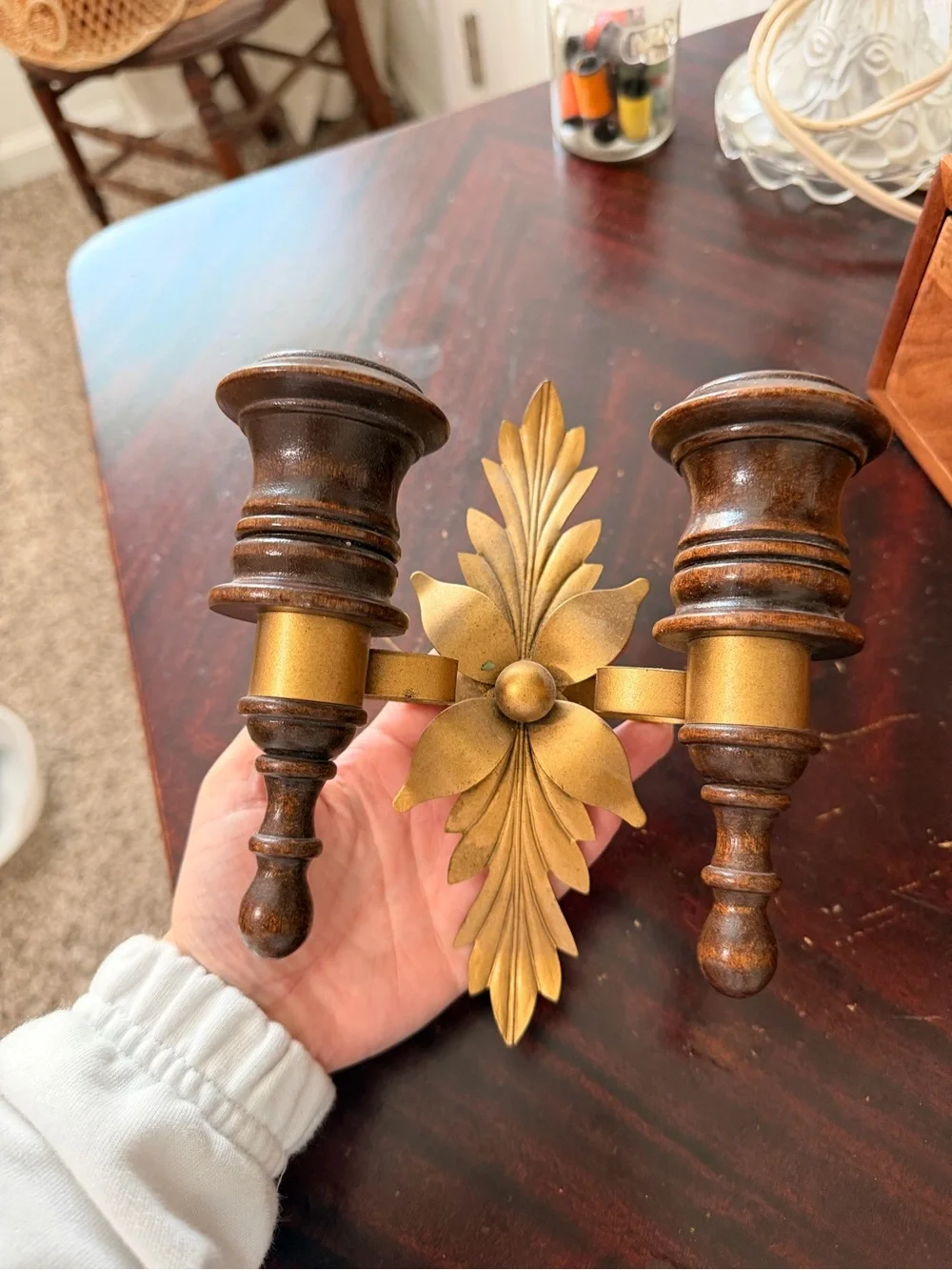 Antique Wood and Gold Double Wall sconce